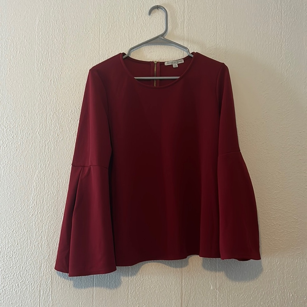 Maroon dress blouse with pleated bell sleeves